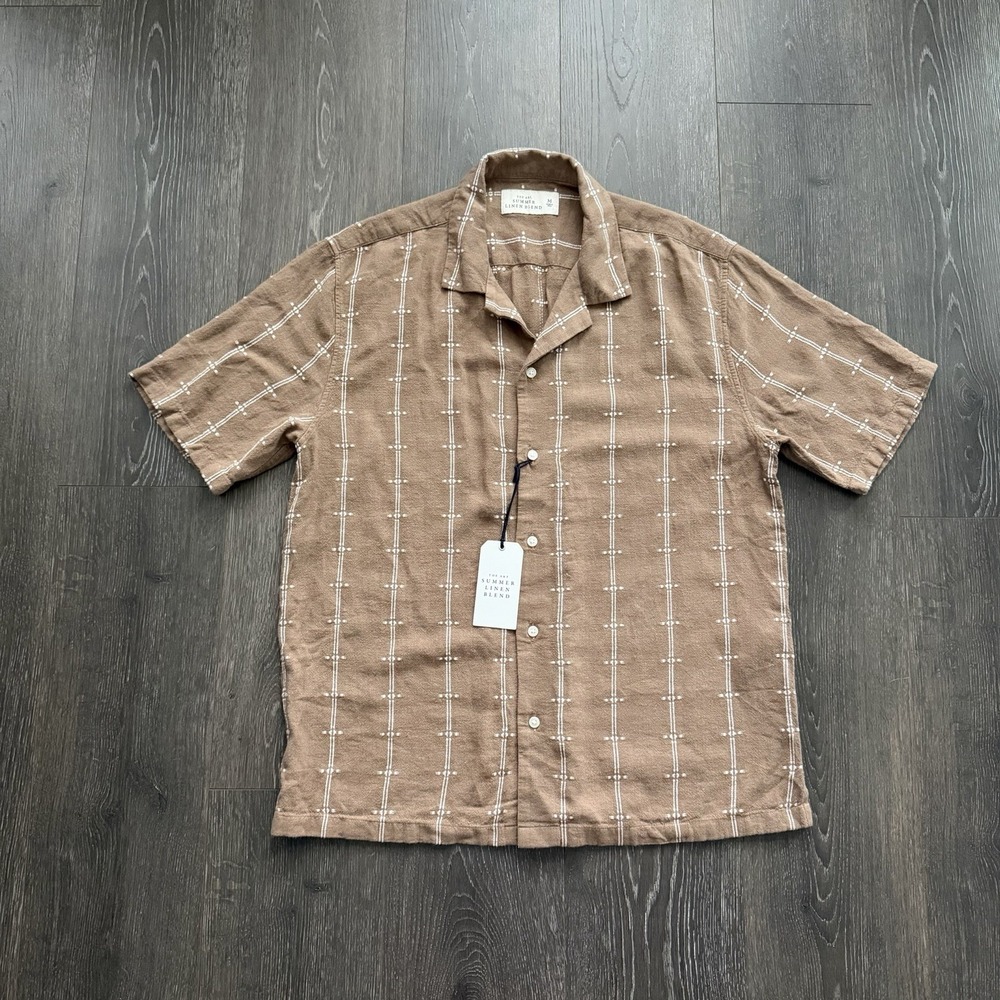 Abercrombie & Fitch NWT Summer Brown Linen Blend White Embroidered‎ Camp Shirt